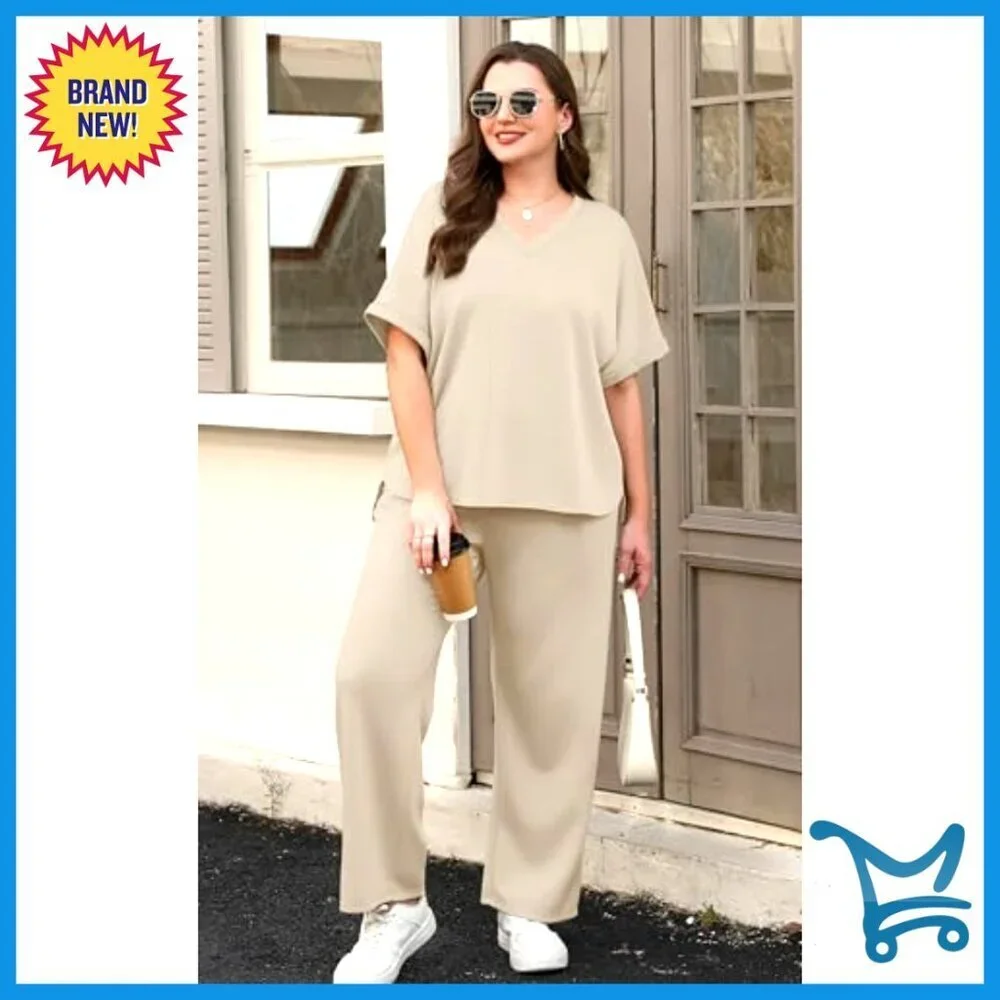 Oversized Lounge Set V Neck Turn-Up Sleeves Wide Leg Pants Two Piece Summer